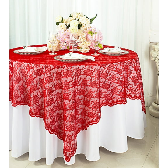 Wedding Linens Inc. 72 in x 72 in Lace Table Overlays, Lace Tablecloths Square, Lace Table Overlay Linens, Lace Table Toppers for Wedding Decorations, Events Banquet Party Supplies (1pc) - Red