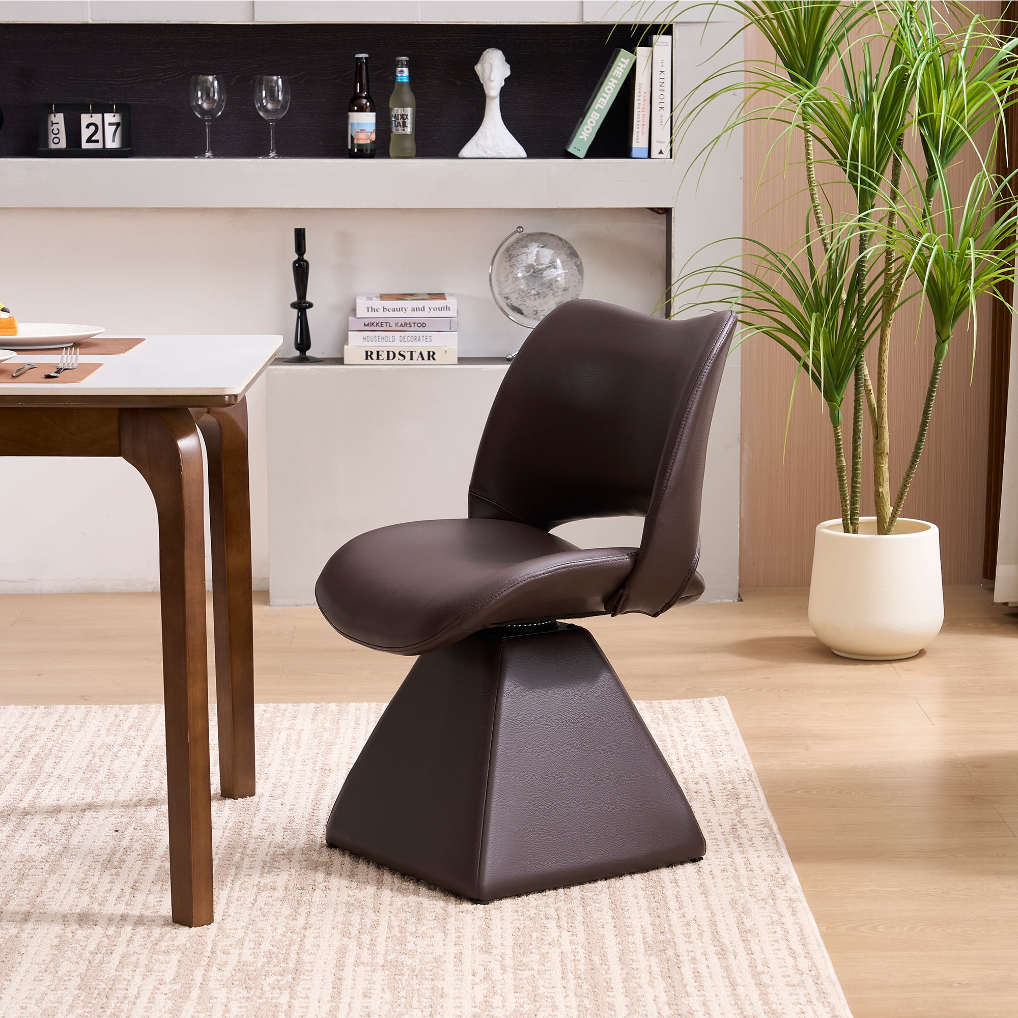 HOQBN Modern Swivel Dining Chair with Faux Leather, 360-Degree Upholstery Dining Chair with High Curved Back for Kitchen, Dining Room,Dark Brown