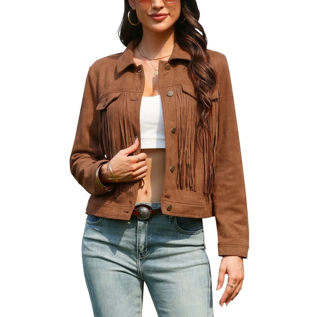 Chaqueta de flecos de ante inspirada en el estilo chic para mujer, con botones, de manga larga, chaquetas vintage del oeste, talla XS, color marrón