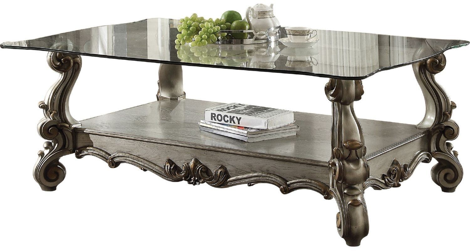 Acme Versailles Coffee Table in Antique Platinum and Clear Glass Finish