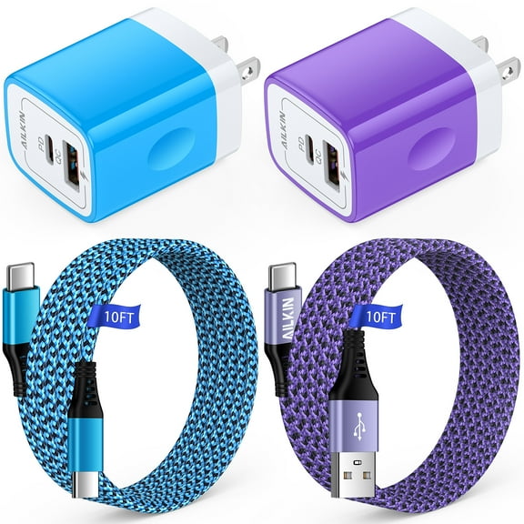 USB C Charger 10 ft,Type C Charger Fast Charging 10 Feet 2PACK AILKIN Usb C to Usb C Cables 10ft PD 20W Android Phone Cord Type C Dual-Port USB-A & USB C Wall Charger Block Adapter Plug,Purple