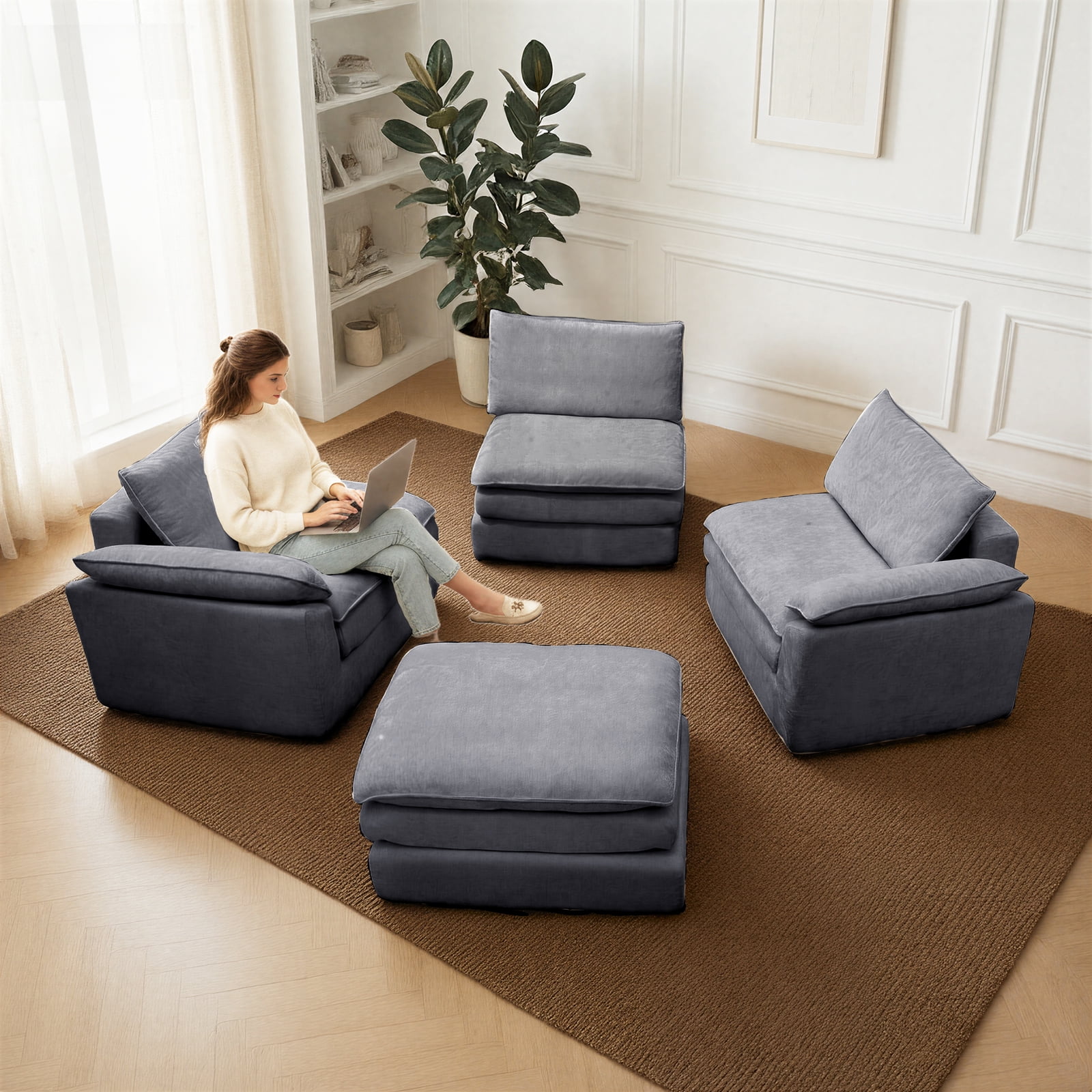 Kelyda 116'' Cloud Sectional Couches L Shaped, Modern Convertible Modular Cloud Chenille Sofa for Living Room Grey