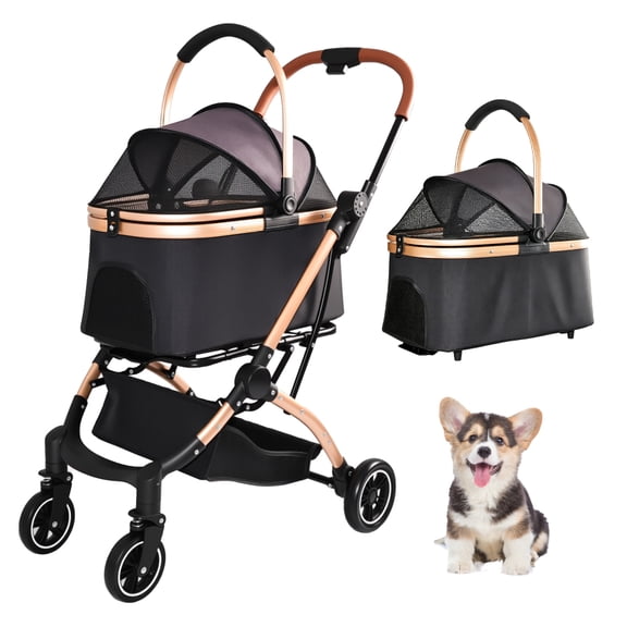 HomePerch 2-in-1 Foldable Pet Stroller for Small Dogs & Cats, Detachable Carrier with Sun Canopy, 4-Wheel Pet Stroller, One-Hand Fold, Storage Basket, Black