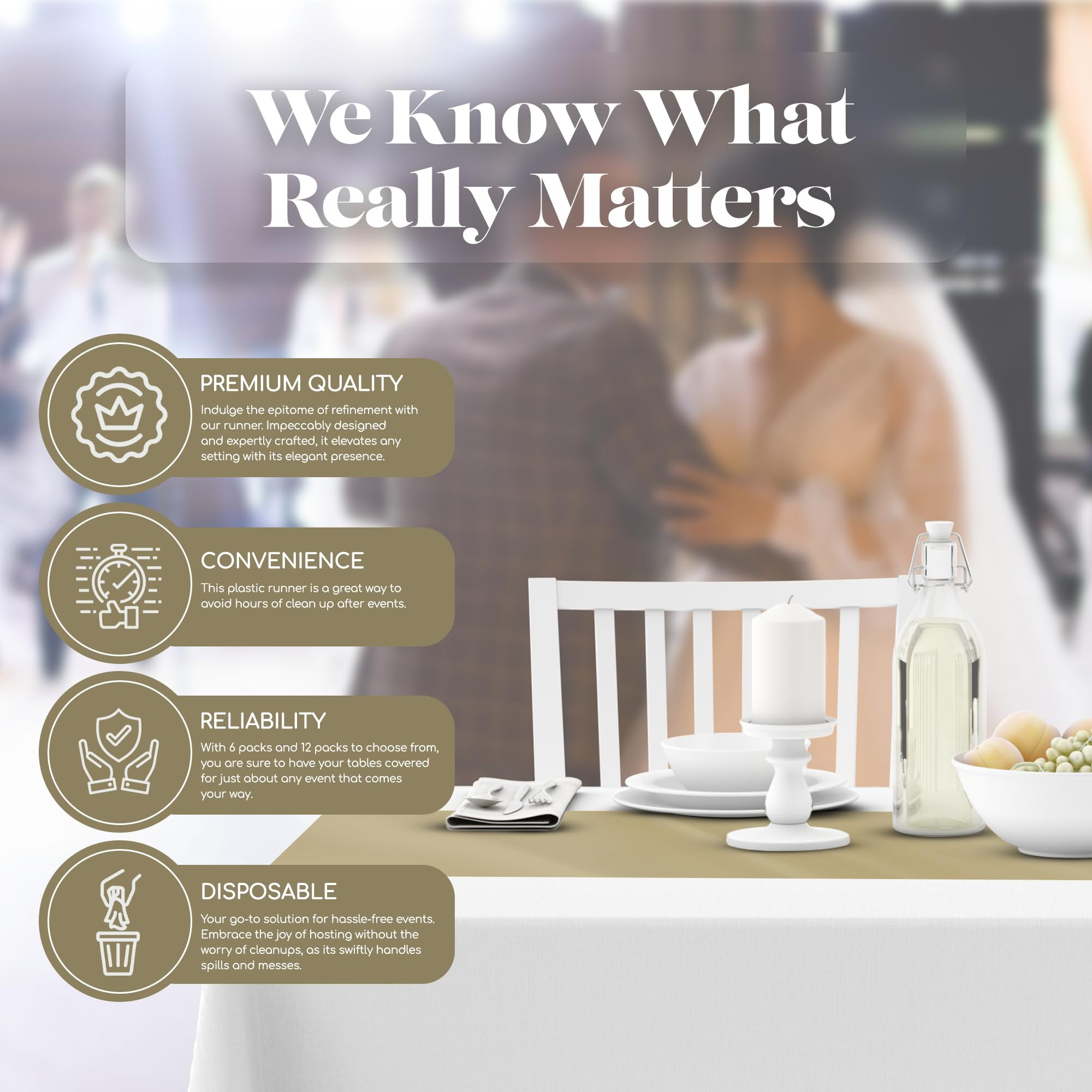 Beige 12 Pack Premium Disposable Plastic Table Runner 14 x 108 Inch. Decorative Table Runner for Dinner Parties & Events, Decor By Grandipity