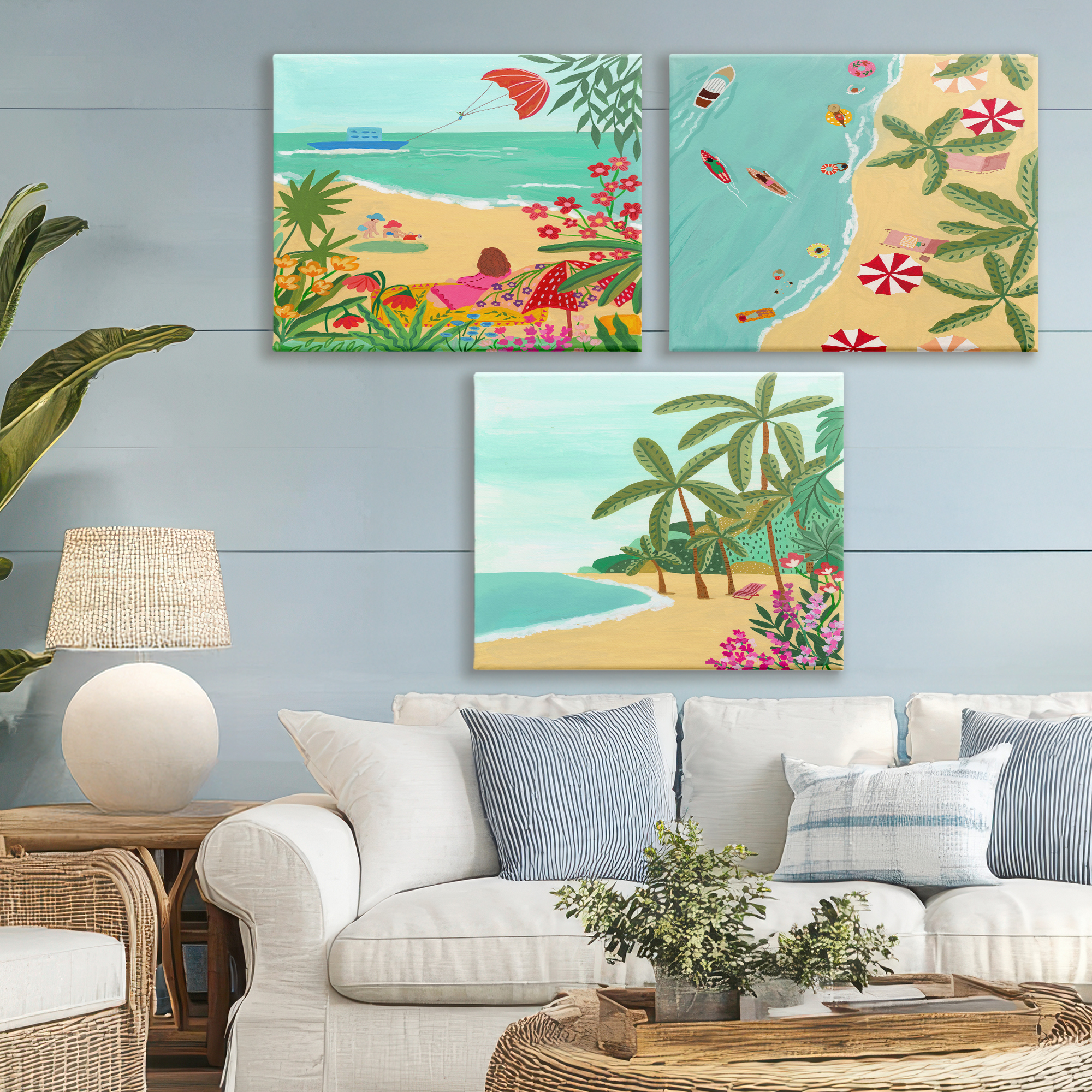 Busy Beach And Flowers 3 Piece Canvas Wall Art Set, design by Nabeela Rumi