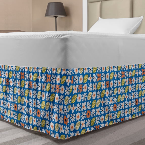 Floral Bed Skirt, Nature Inspired Botanical Garden Hand-drawn Pattern with Daisy Flowers and Leaves, Elastic Bedskirt Dust Ruffle Wrap Around for Bedding Decor, 4 Sizes, Multicolor, by Ambesonne
