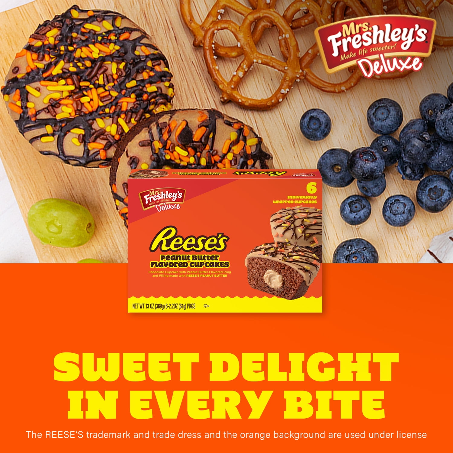 Mrs. Freshley's Deluxe Reese's Peanut Butter Cupcakes, 6 Count, 6 Individually Wrapped Snack Cakes, Shelf-Stable