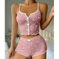 thumbnail image 4 of Contrast Color Slit Front Pajama Set - Adjustable Suspender & Heart Print Shorts, Stylish Two-Piece Sleepwear for Women,Pink L, 4 of 4