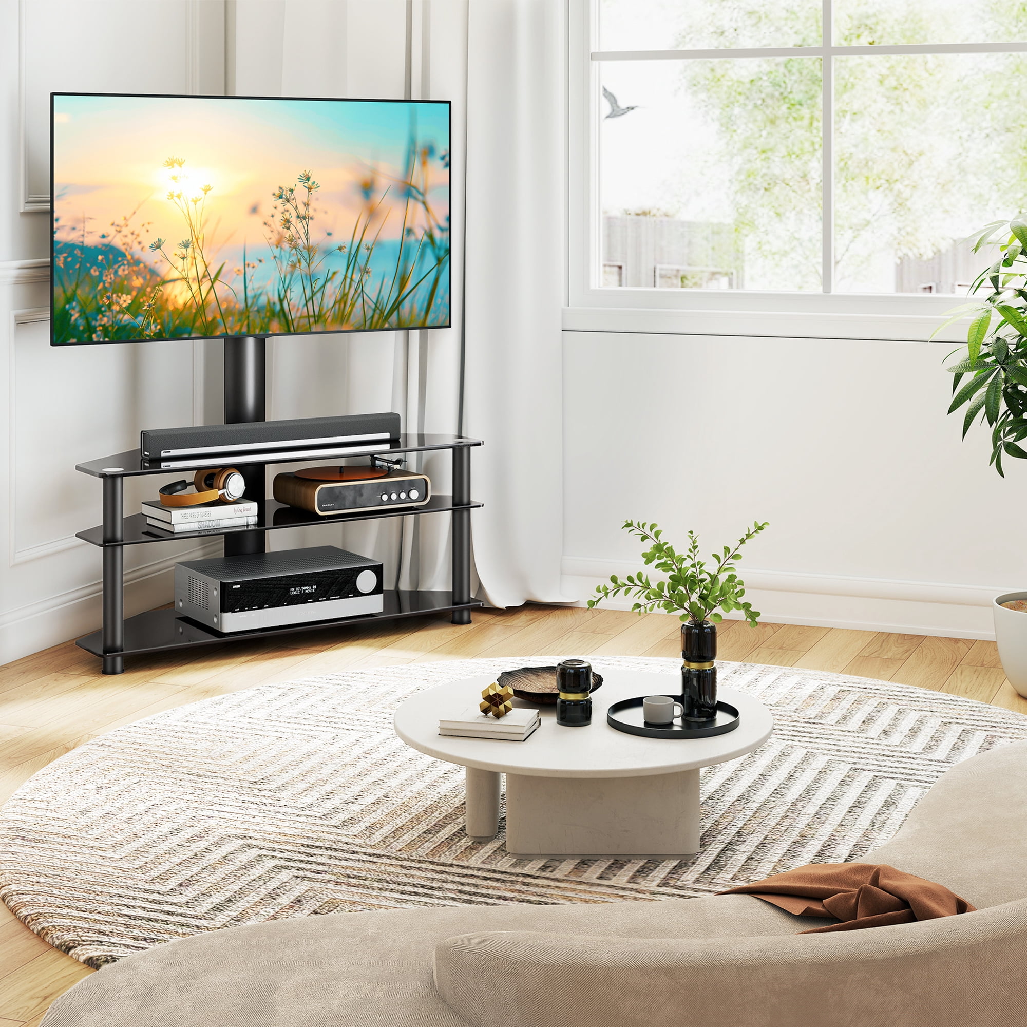 RTVR 3 in 1 Entertainment Center TV Stand with Glass Shelves for up to 70 inch Screens, Swivel Adjustable TV Mount Stand, Max VESA 600X400mm