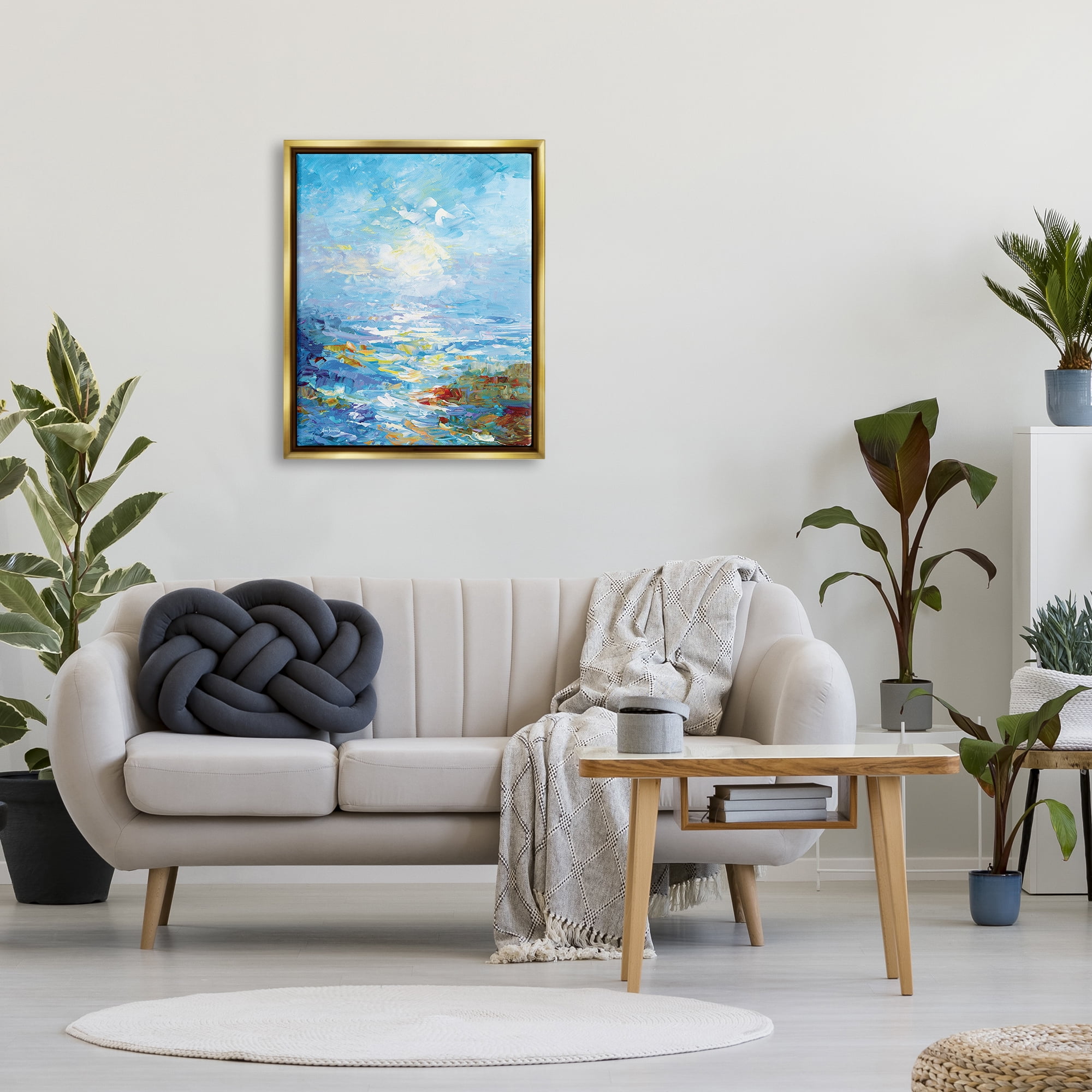 Stupell Industries Abstract Ocean Bliss Blue Landscape Painting Gold Floater Framed Canvas Art Print Wall Art, 25 x 31
