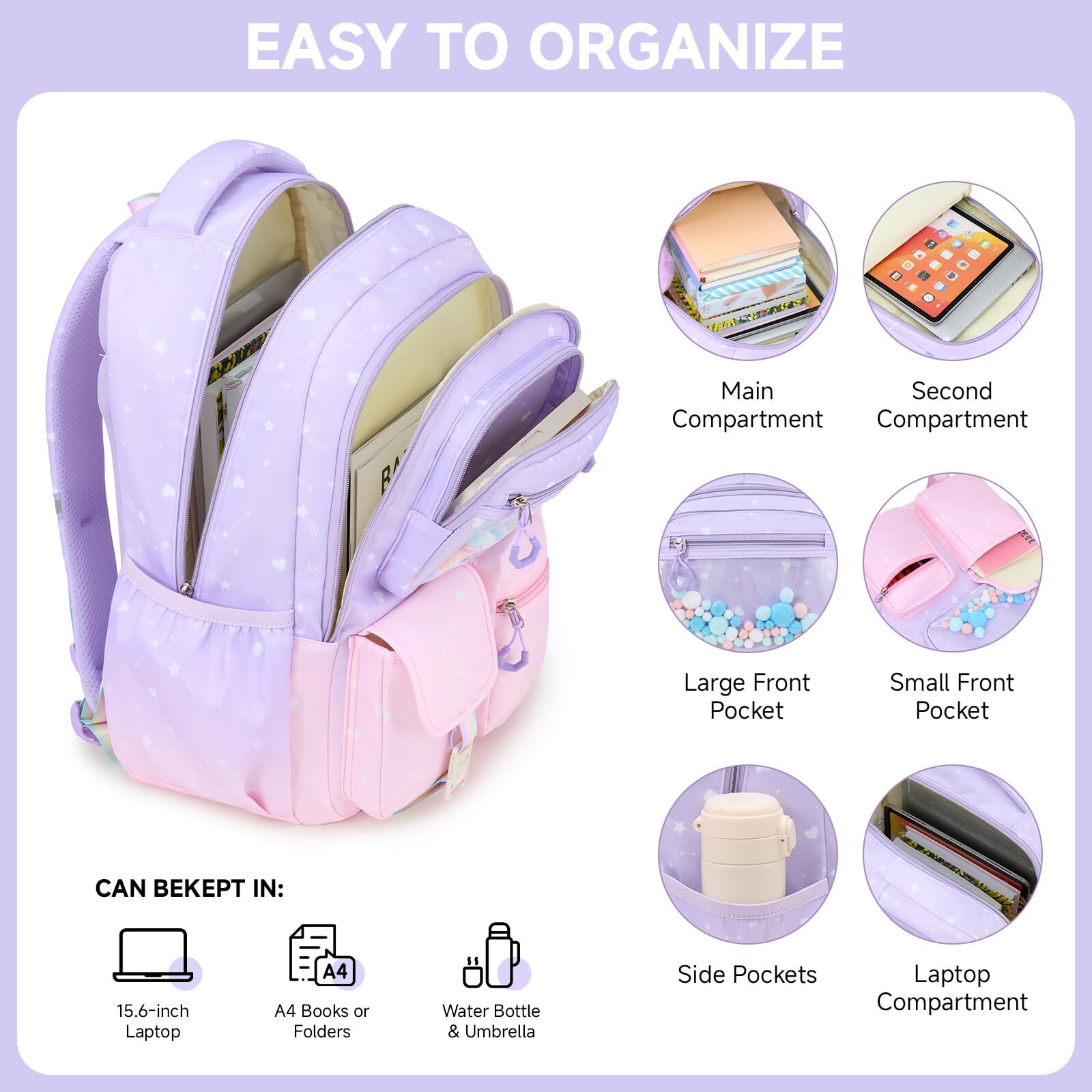 Mochila escolar para niñas de 20L para grados 1-5, ligera y ergonómica con tiras reflectantes, impermeable y con colgante lindo 2