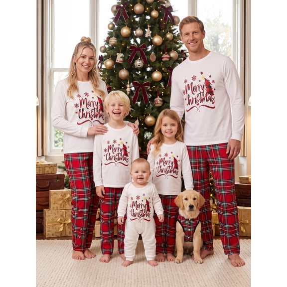 Christmas Family Matching Pajamas Set Print Long Sleeve Tops, Plaid Pants