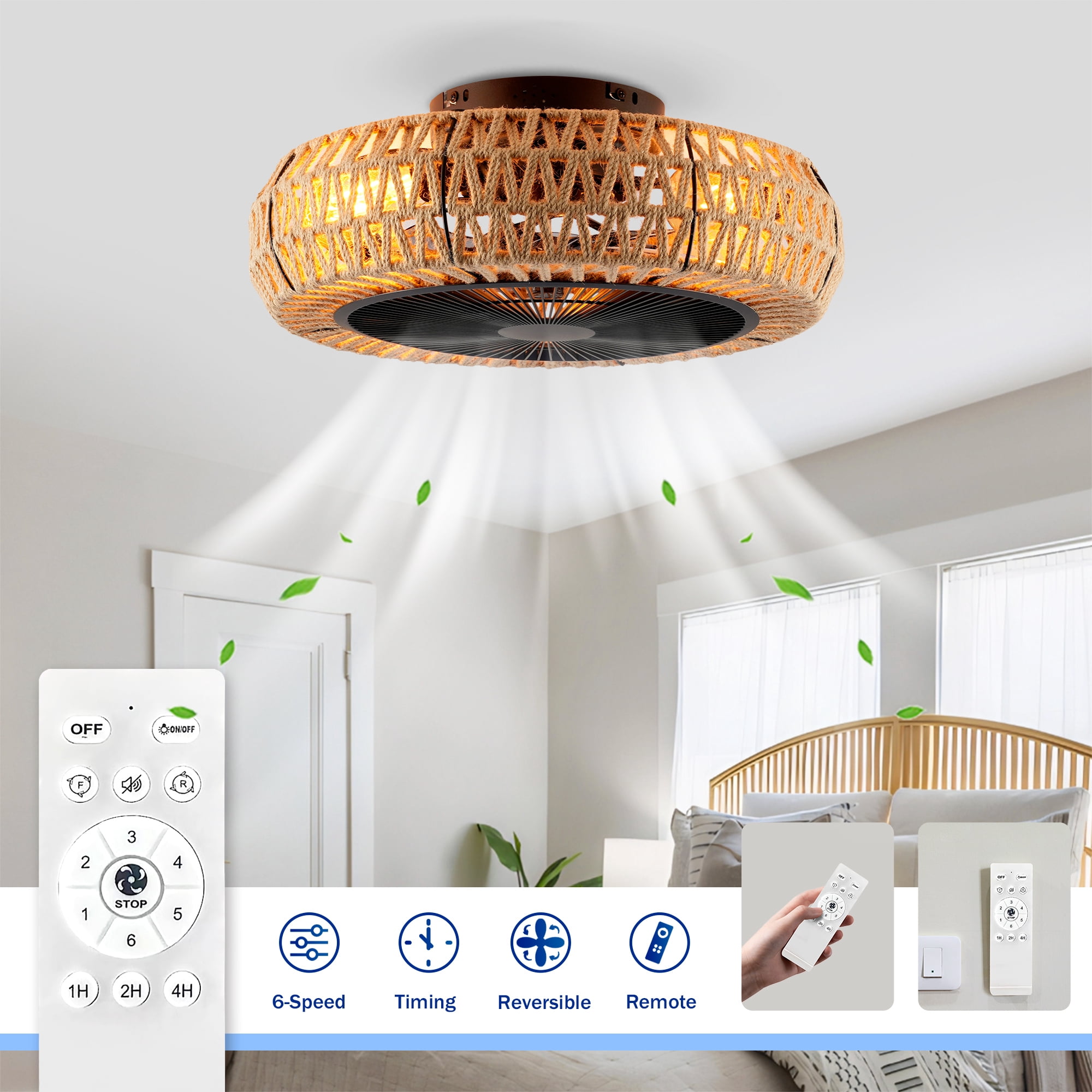 Leumius 20" Vintage Rope Ceiling Fan with Light and Remote ,6 Speed, DC Motor Reversible Ceiling Fan for Living Room Bedroom Dining Room (NOT Included Bulbs)