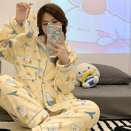 

Women Plush Cardigan Pajama Set Sanrio Hello Kitty Kawaii Anime Kt Kuromi My Melody Home Clothes Winter Thicken Deliver Eye Mask