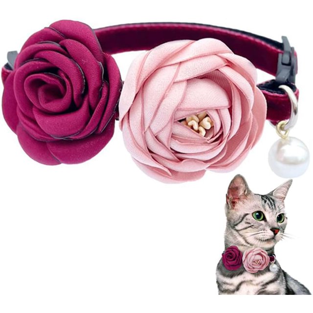 Collar de gato con flor roja y rosa ajustable de 7.5 a 11.8 pulgadas para niñas, gatitos, perros pequeños, mascotas (rojo)