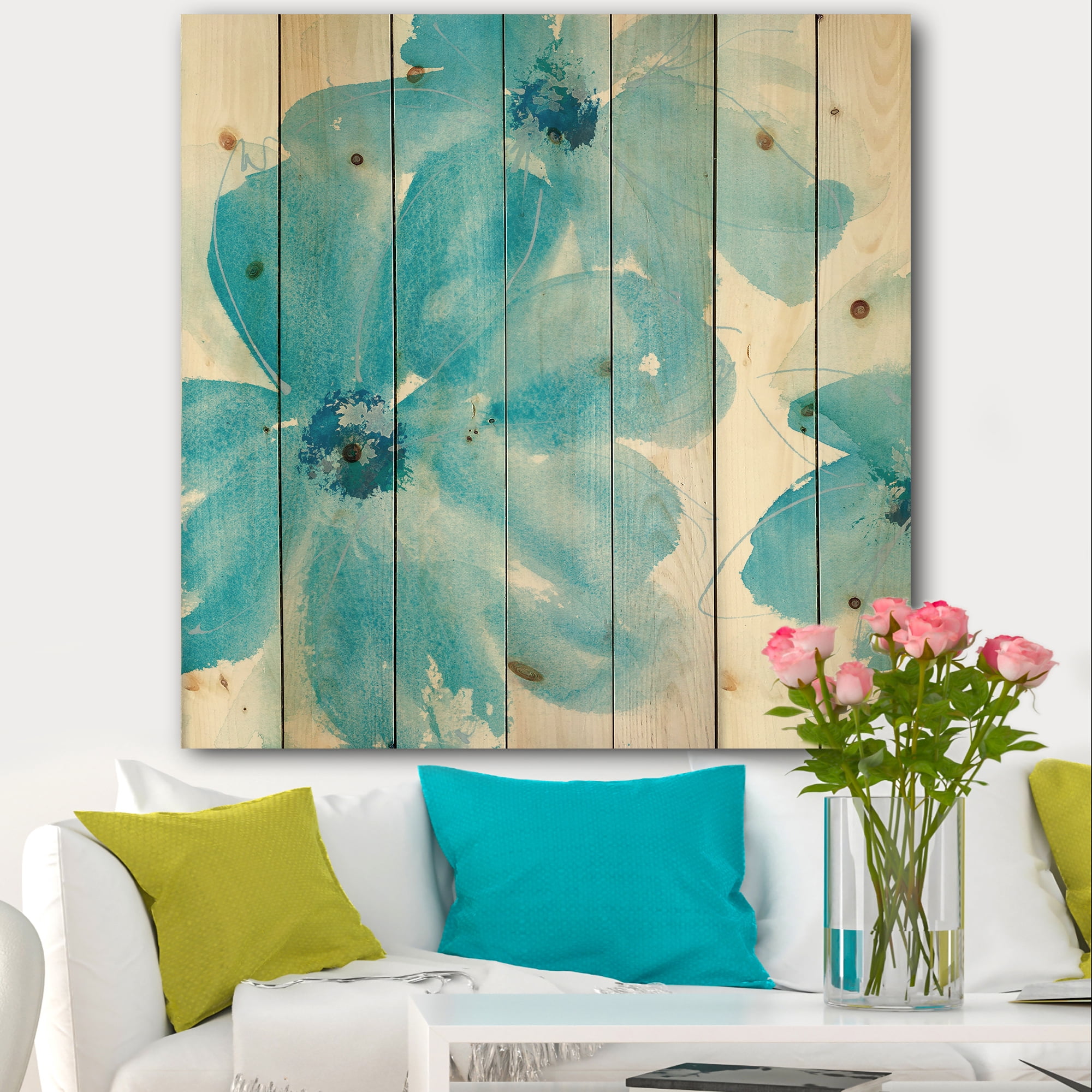 Designart 'Blue Watercolor Flowers' Farmhouse Print on Natural Pine Wood
