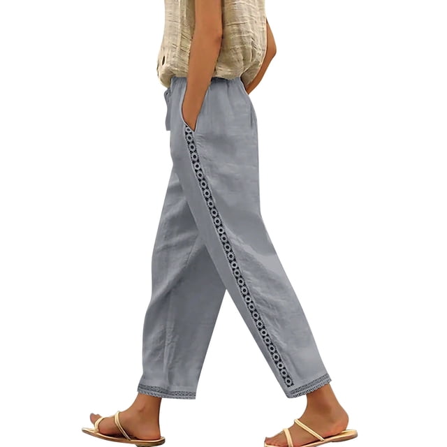 Pantalones largos de encaje para mujer: cintura elástica con cordón, palazzo/pierna ancha, poliéster, bolsillos, aptos para todas las estaciones, talla real.