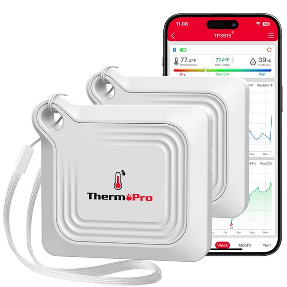 Termómetro higrómetro Bluetooth ThermoPro TP351 con alcance de 80 m, paquete de 2