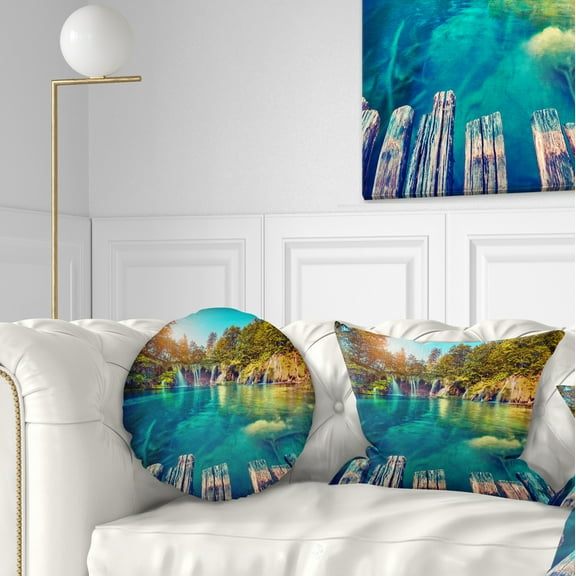 Designart Blue Waters in Plitvice Lakes - Landscape Photo Throw Pillow - 12x20