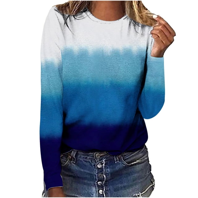 IROINID Liquidation T-Shirts à Manches Longues pour Femmes Détente Col Rond Haut Imprimé T-Shirt Blouse, Bleu Foncé