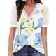thumbnail image 1 of Gibobby Playera de manga corta con cuello en V Top manga corta con cuello en V encaje informal con estampado moda para mujer(Azul,G), 1 of 4