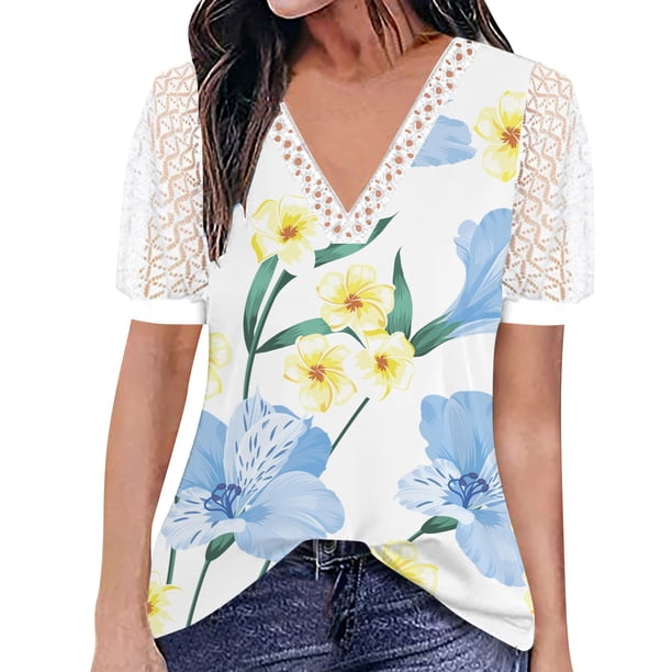 Gibobby Playera de manga corta con cuello en V Top manga corta con cuello en V encaje informal con estampado moda para mujer(Azul,G)