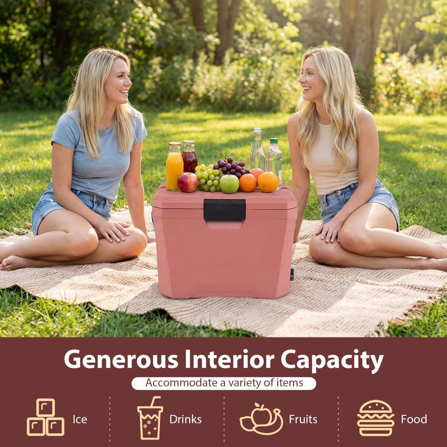 Resenkos Durable Hard Shell Insulated Cooler Box with Cup Holders, Portable Outdoor Ice Chest for Camping, Beach and Backyard Parties, Pink