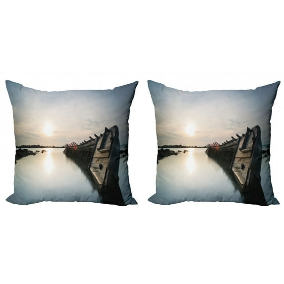 Ambesonne Nautical Throw Pillow Cover 2 Pack, Sinking Boat Sunset, 24", Pale Blue Brown