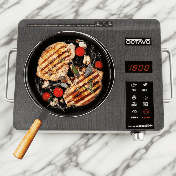 1800W Infrared Portable Cooktop, Ceramic Electric Burner with 4H Timer & Touch Control, Universal for All Pans, Safe for Dorm & Kitchen