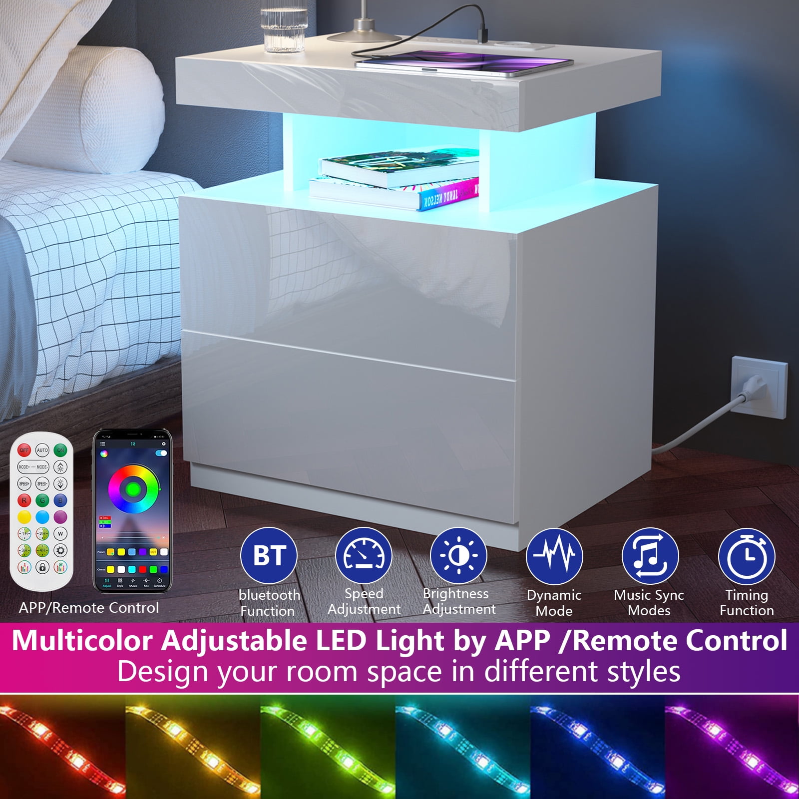 Hommpa Modern LED Nightstand with Charging Station USB Type C 2 Drawer Bedside Table High Gloss White Smart Nightstands End Side Table for Bedroom