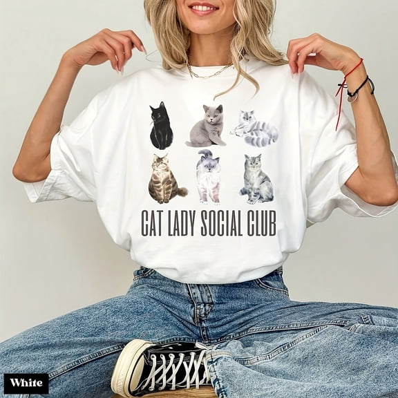 Cat Lady Social Club Women's T-Shirt Funny Retro Cat Lover Graphic Tee Aesthetic White Short Sleeve Casual Apparel for Women