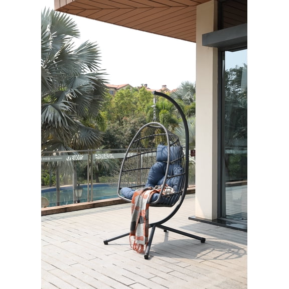 Egg Chair with Stand, Foldable Wicker Hanging Swing Chair with Cushion for Patio Bedroom Balcony Garden, Blue