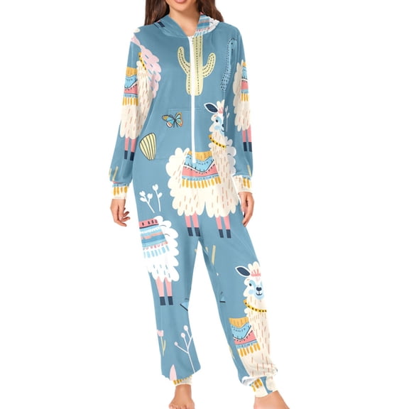 Cute Alpacas Leaves Cactus Adult's Hoodie Onesie Jumpsuit One-Piece Pajamas with Zipper Unisex for Holiday S