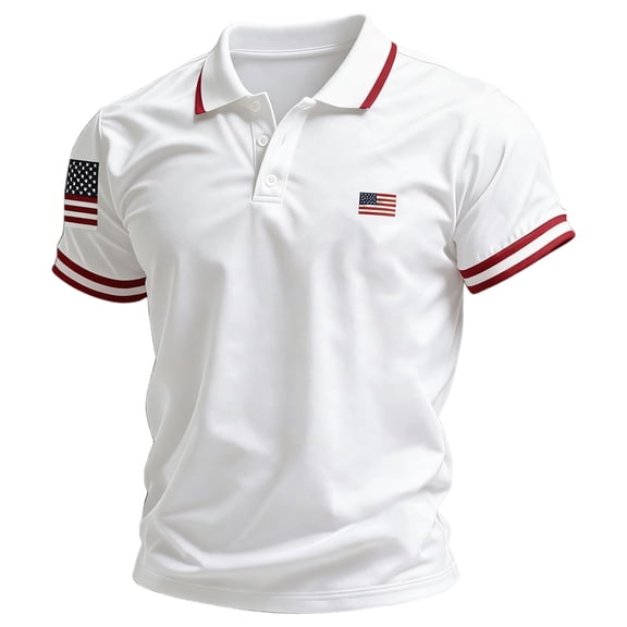 Zimjoy 4th of July Men's Polo Shirts Patriotic Button Down 250 Anniversary USA Tee Tops American Flag Graphic Collared Independence Day T Shirts White L