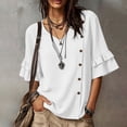 thumbnail image 2 of Ashirexll Short Sleeve Shirts for Women Summer Solid Color V-Neck Three Quarter Pleated Sleeve Button Down Slit Top T-Shirt, 2 of 7
