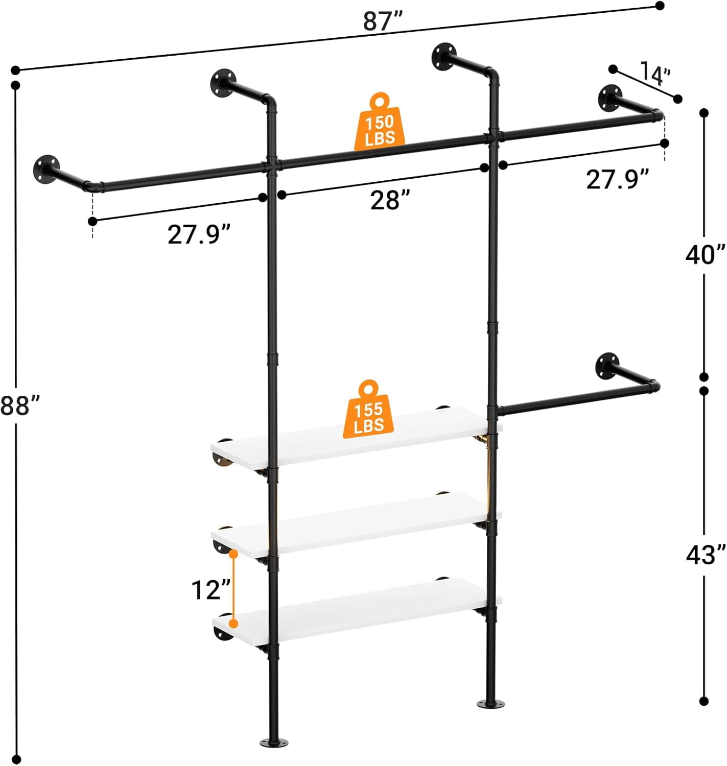 Homieasy Industrial Pipe Clothing Rack, Reversible 7.25FT Wall Mounted Clothes Rack, Heavy Duty Garment Racks Closet Wardrobe with LED Lights& Shelves, Walk-in Closet System, White