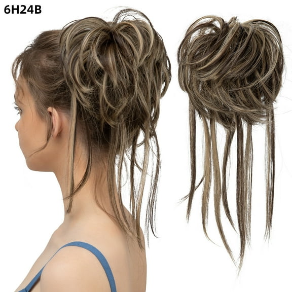 XmhyTop Textured Messy Bun Hair Piece with Integrated Elastic Band, Effortless Tousled Updo Extension for Curly Hair, Adjustable Scrunchie, Style Hair Piece for Women ，Ash Medium Brown