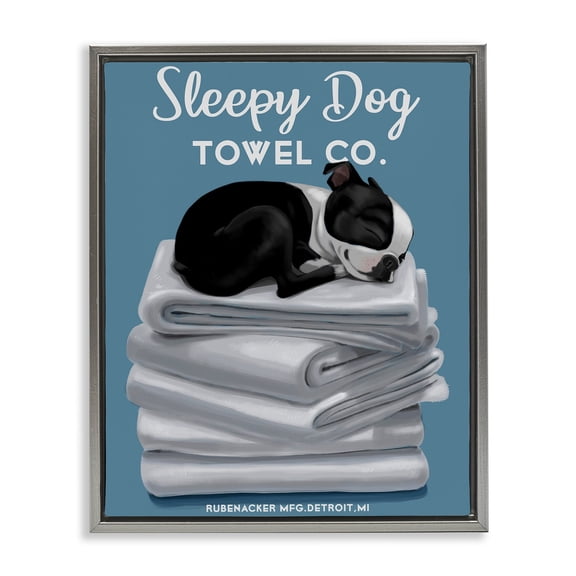 Stupell Industries Sleepy Dog Towel Co. Adorable Boston Terrier Bathroom Luster Gray Framed Floating Canvas Wall Art, 16x20, by Brian Rubenacker
