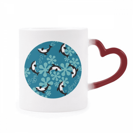 

Cartoon Dolphins Whales Blue Waves Heat Sensitive Mug Red Color Changing Stoneware Cup