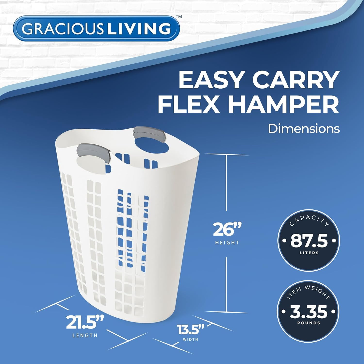 JFTER Laundry Basket, Easy Carry Flex Collapsible Hamper, 87.5 Liters, White - Large Plastic Clothes Storage Organizer for Home, Bathroom, and Bedroom