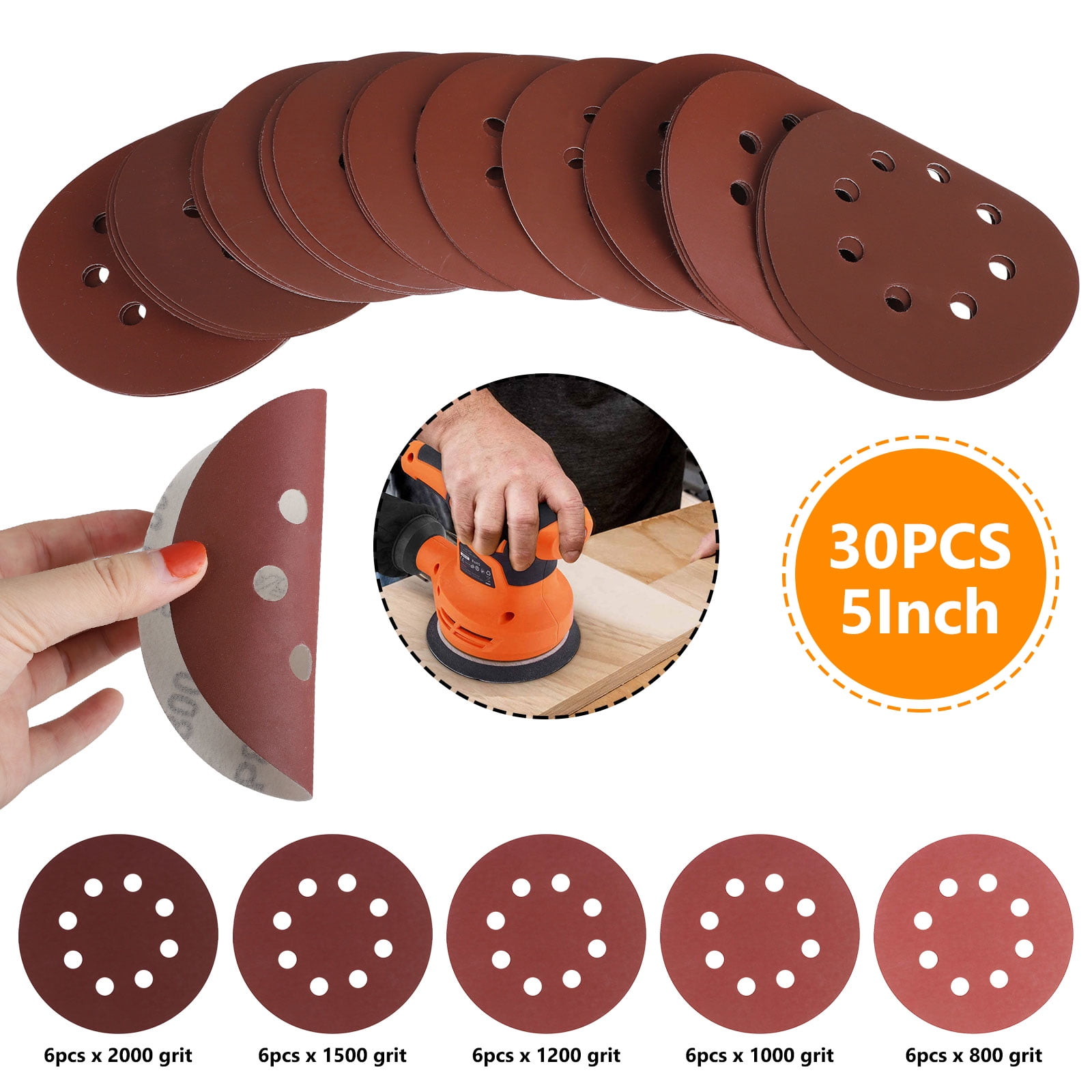 TSV 50/30pcs Sanding Disc Sandpaper 8Holes Discs Pads 5 Inch/125 mm
