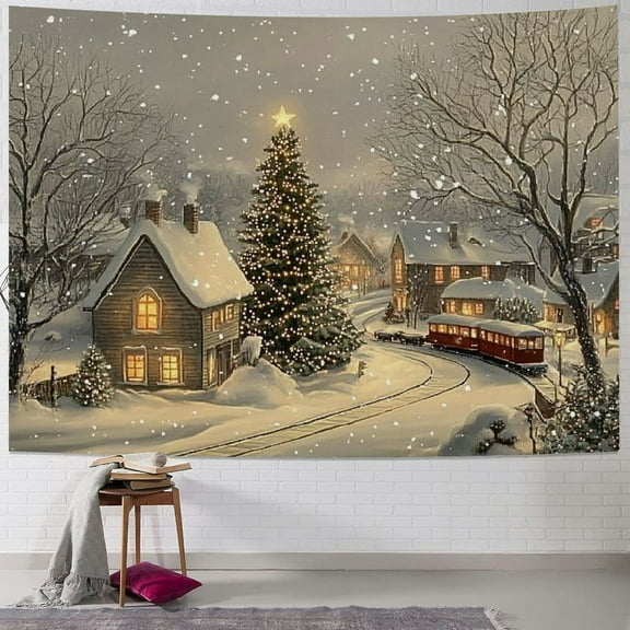 Pratyus Snowy Village Christmas Tree Tapestry Wall Hanging for Bedroom Dorm Decoration Wall Art Tapestry 40x30inch