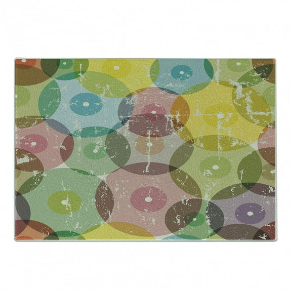 Abstract Cutting Board, Geometrical Image Rounds with Vintage Retro Designwith Rainbow Colors Art Print, Decorative Tempered Glass Cutting and Serving Board, Small Size, Multicolor, by Ambesonne