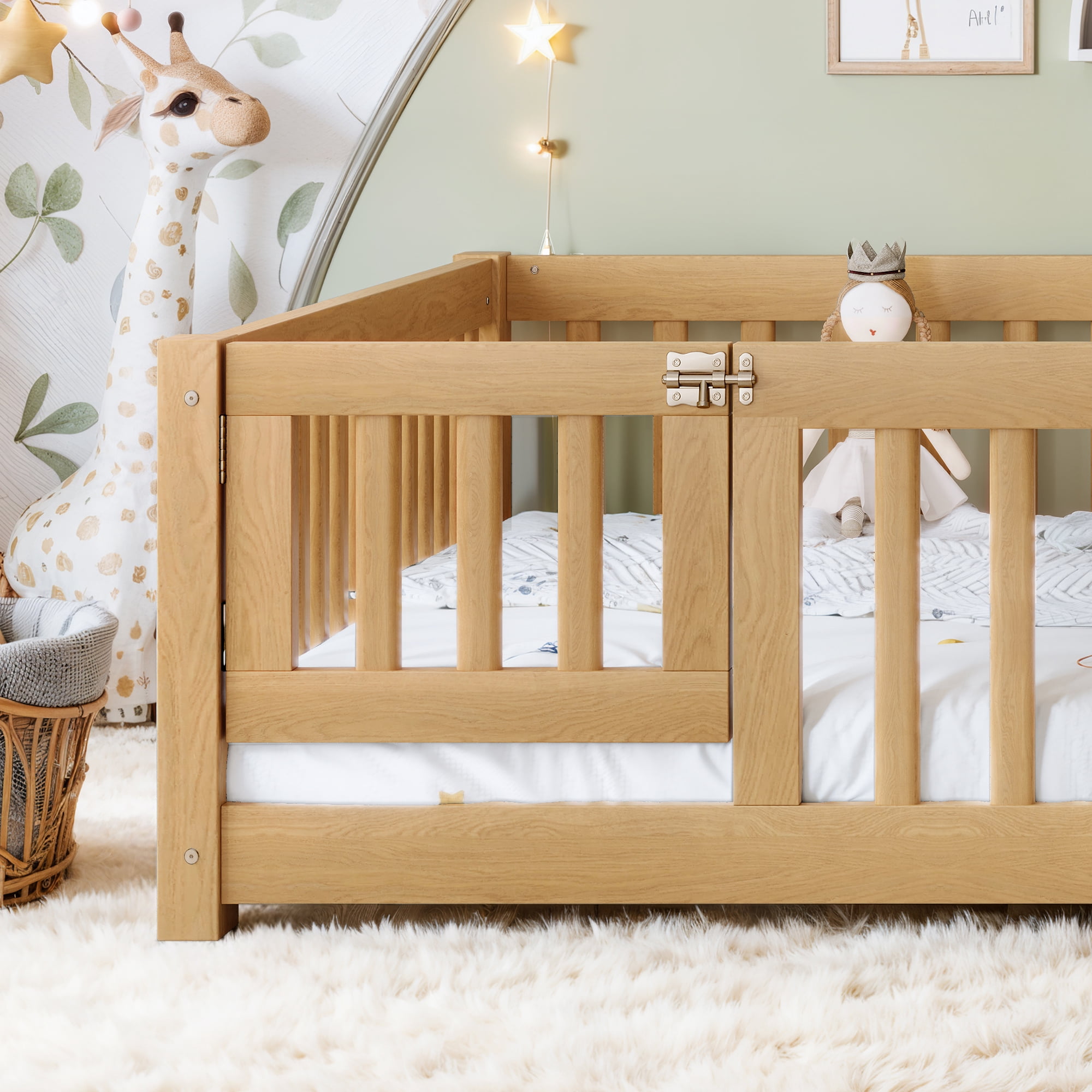 Queen Floor Bed 82.6 Inch, Solid Wood Bed Frame with Safety Guardrails and Door, Low Profile Montessori Bed for Kids Bedroom, Natural