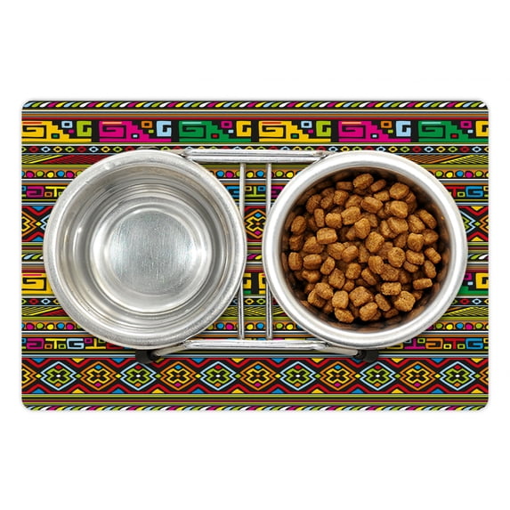 Tribal Pet Mat for Food and Water, Design with Colorful Geometrical Details Borders Vector Themed Print, Non-Slip Rubber Mat for Dogs and Cats, 18" X 12", by Ambesonne