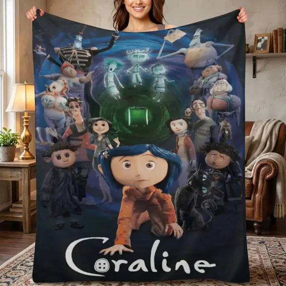 Coraline Themed Flannel Blanket, Soft Plush Throw for Living Room Bedroom Sofa Picnic, Kids' Horror