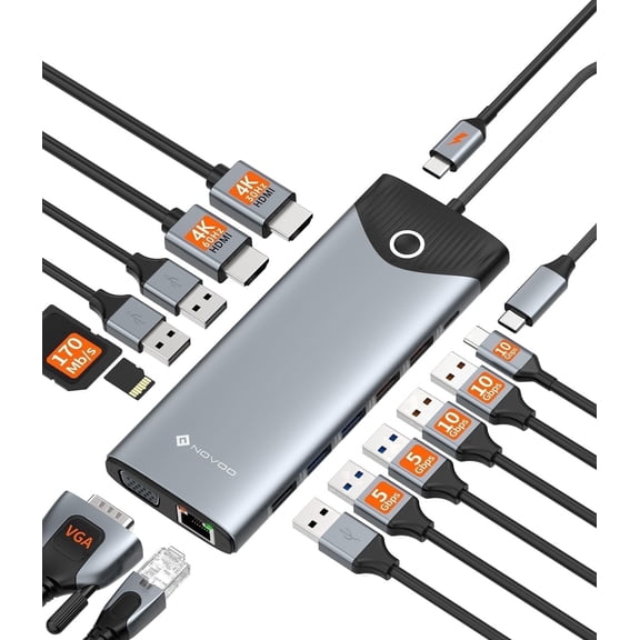 NOVOO 15-in-1 USB C Hub Dual HDMI VGA 10Gbps Ethernet PD Docking Station