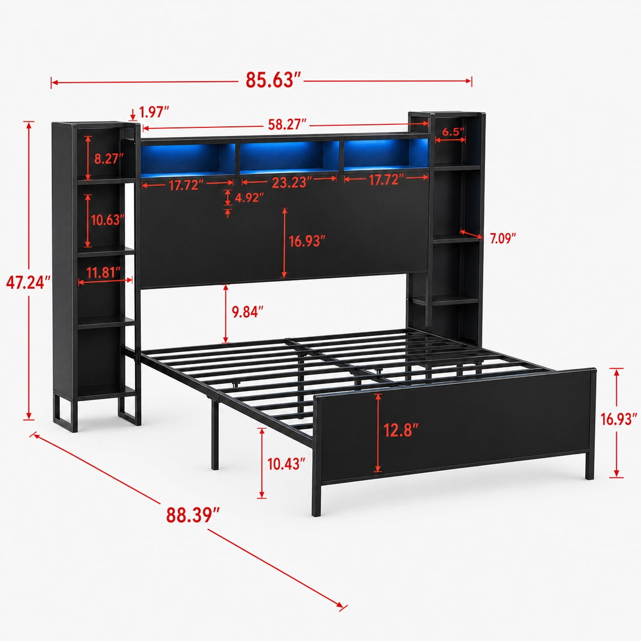 Miniyam Queen Platform Bed Frame with Bookcase Headboard, Charging Station, LED Lights, Side Storage Shelves, Black