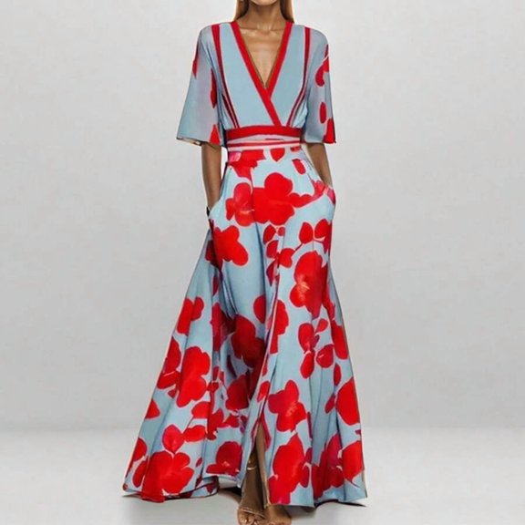 Red Floral Satin Wrap Maxi Dress V-Neck 3/4 Sleeve A-Line Flowy Evening Gown
