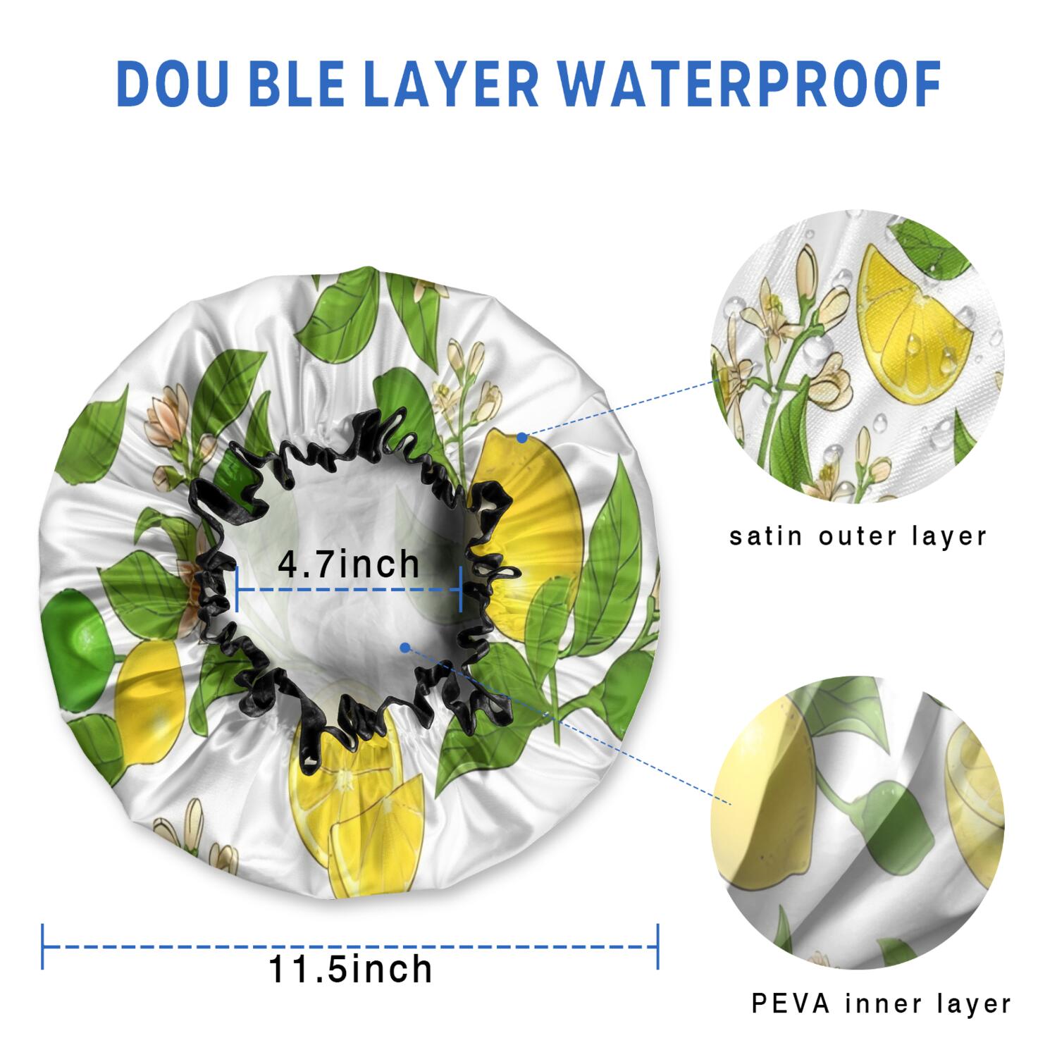 Shower Caps,Yellow Lemon Fruit Limes White Pattern Waterproof Shower Cap for Women 4 Pieces,Double Reusable Hair Cover for Shower PEVA Elastic Stretch Hem